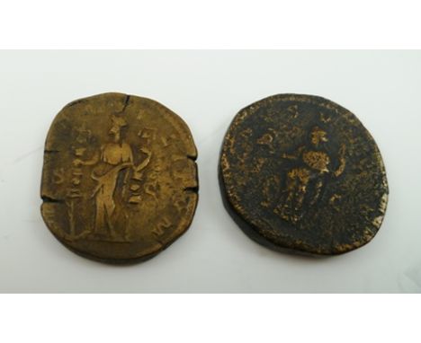 BRASS SESTERTIUS: SEVERUS ALEXANDER; AD 221-235 Rev. (Fides) MILITUM. Fides Militum stg. left holding standard in each hand. 