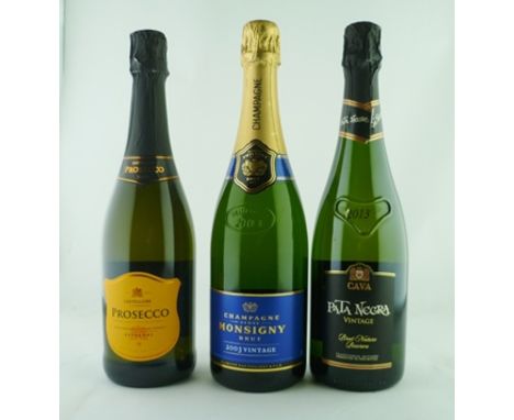 MONSIGNY Champagne 2003, 1 bottle PATA NEGRA RESERVA Vintage Cava, 1 bottle CASTELLORE Prosecco Extra Dry, 1 bottle (3) 