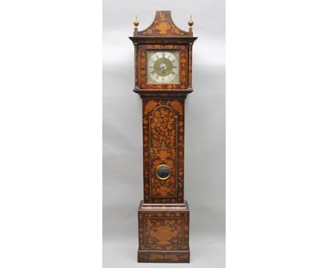 THOMAS SHERWOOD YARM' AN EARLY 19TH CENTURY MARQUETRY LONGCASE CLOCK, the hood with pagoda shaped top, finials, column mounte