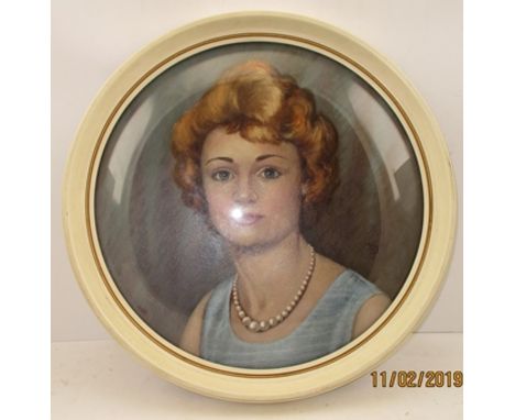 DORIS SHACKLETON ''Portrait of a Lady wearing pearls', oil on board, monogrammed, circular mounted in a cream frame under a c