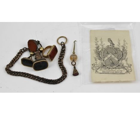 A COLLECTION OF FOUR WAX SEAL FOBS, one intaglio of an anchor, one of a classical bust and one with the coat of arms of Willi