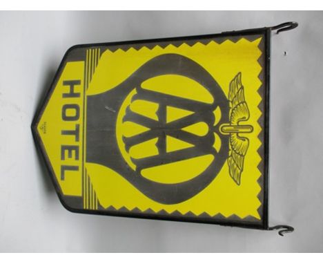 AN ENAMEL 'AA HOTEL' SIGN, double sided, black on yellow of pennant form, in metal frame with suspension hooks, by 'Franco S.