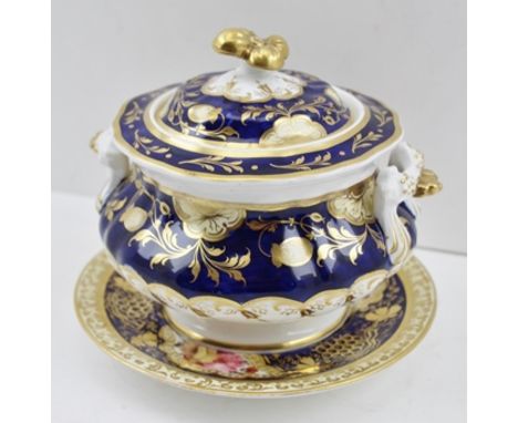 A SAMUEL ALCOCK PORCELAIN SUCRIER AND COVER, together with a hand painted STAND by the same factory, circa 1830. Polychrome d