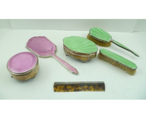 A QUANTITY OF ART DECO SILVER &amp; GUILLOCHE ENAMEL DRESSING TABLE APPOINTMENTS, includes a pink lidded casket, Birmingham 1