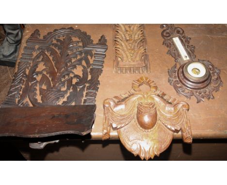 Barometer in carved case, wall bracket, letter rack and a plaque 