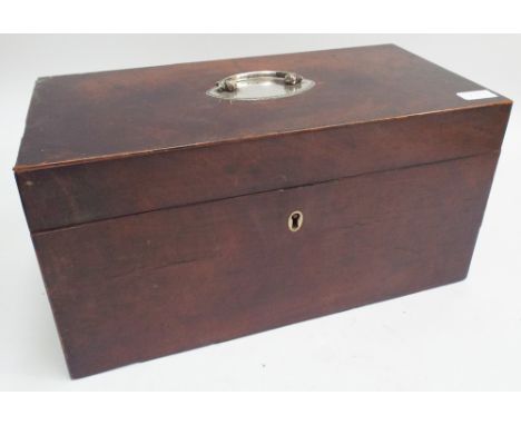 Georgian mahogany 3 division tea caddy with original glass mixing bowl inset oval silver mounted handle with date letter Lond