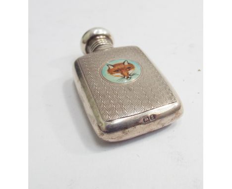 Small silver scent flask with engine turned decoration, screw top, with applied enamelled decoration of a fox mask