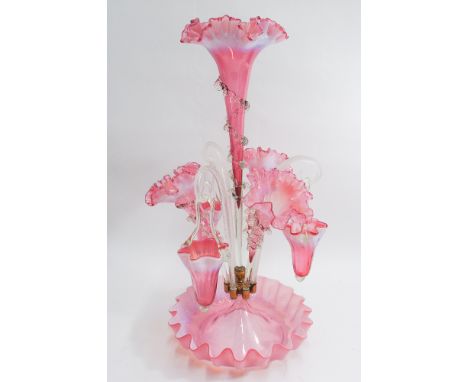Victorian cranberry glass vaseline tinted epergne with central flute, 3 other flutes and 3 hanging baskets.  20" tall