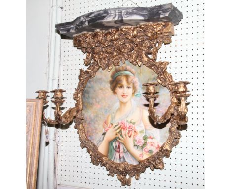 Decorative painted portrait panel wall sconce with faux marble shelf bracket top - 24" high