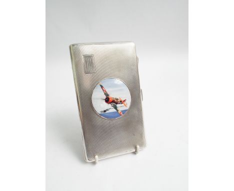 Hallmarked silver cigarette case with engine turned decoration initialled DW with applied circular enamel plaque depicting vi