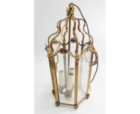 Brass hanging hall lantern, glass panels as found 