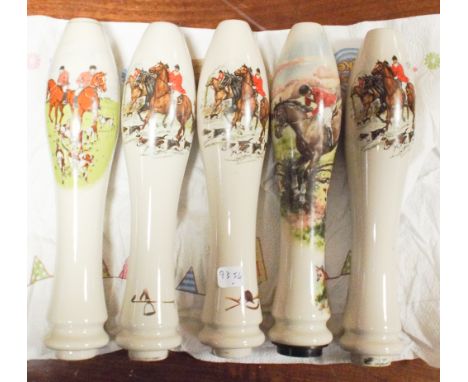 Set of 5 porcelain handled beer pumps with hunting scenes 