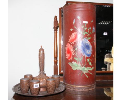 Moorish style copper wine set on tray and a painted tin stick stand 