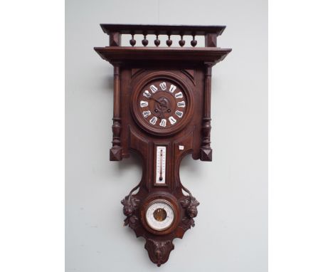 French carved oak wall clock barometer with inset thermometer panel 32" high including cornice 