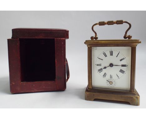 Late 19th century brass cased carriage alarm clock with leather carry case 4" high 