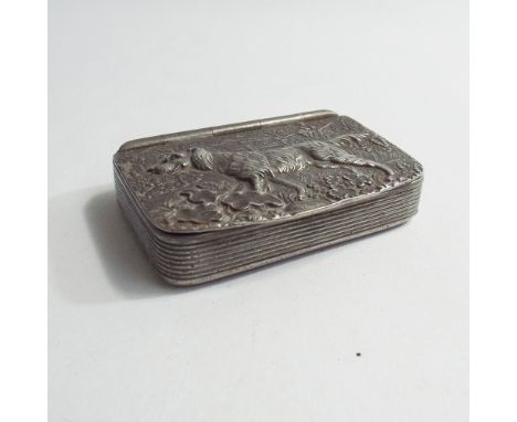 Pewter snuff box embossed with hunting dog, stamped Fribourg & Treyer of London, 6.5cm wide  Condition - Good with some rusti