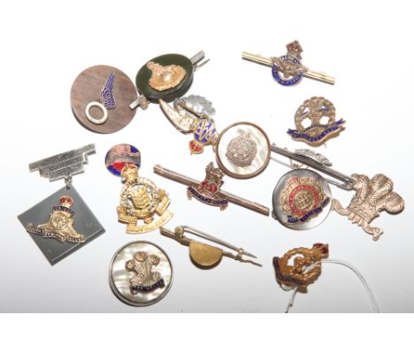 16 sweetheart badges and tie pins, to include RAF, The Royal Engineers, Royal Artillery, Army Ordinance Core etc. 