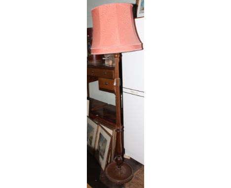 Mahogany standard lamp with reeded column and pink shade 