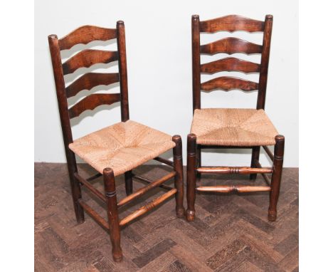 Set of 6 Lancashire style oak ladder back dining chairs with rush seats