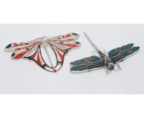 2 sterling silver dragonfly brooches in the art nouveau style with enamel decoration 