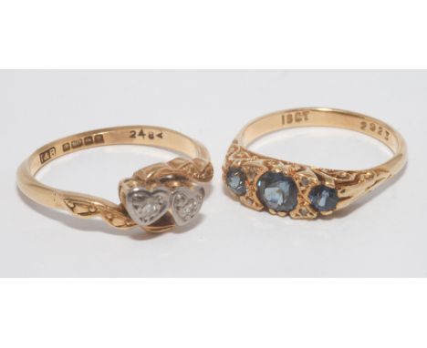 18ct gold 3 stone sapphire half hoop ring size K and a 18ct yellow gold 2 stone diamond heart shaped ring - size N
