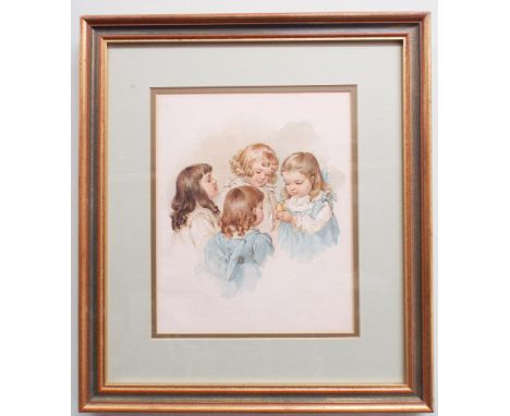 Pair of Victorian sentimental prints of girls, one with a chick one with a fan in green mounts, framed and glazed 