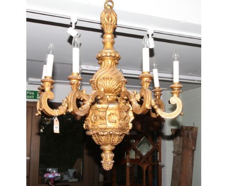 Large Victorian carved wood gilt hanging electric light pendant chandelier with 8 branches in the rococo style 39" drop 