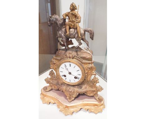 French gilt figure mounted striking mantel clock on gilt wood stand (15" high)