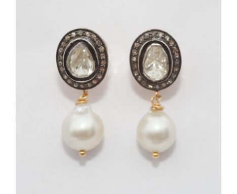 Pair of Indian diamond black enamel and cultured pearl drop earrings with stud fittings