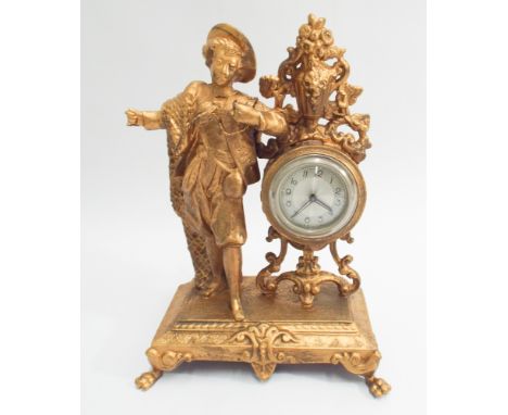 Gilt, figure mounted French striking decorative mantel clock under glass dome