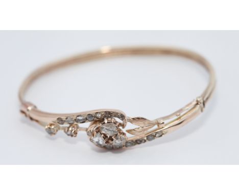 Antique 15ct gold ladies hinged bangle set with central panel of rose cut diamonds 
