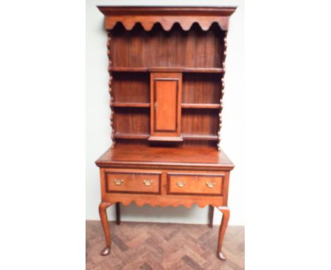 41" wide Georgian style inlaid and cross banded oak dresser with shelf and cabinet back standing on pad feet 