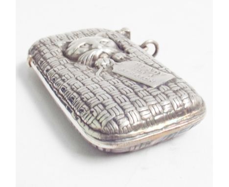 Sterling silver vesta case modelled as a cat in a basket, 'Ready for a Scratch'. 6.5 cms 