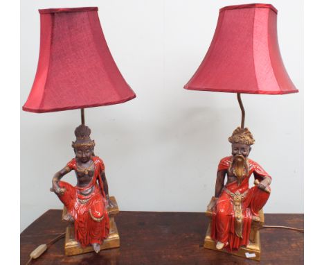 Pair of Oriental Emperor and Empress style figure table lamps with red shades appx height with light fitting 27"