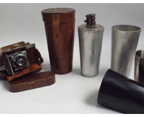 Vintage camera, travelling beaker set, aluminium and silver plated drinks decanter in leather case 