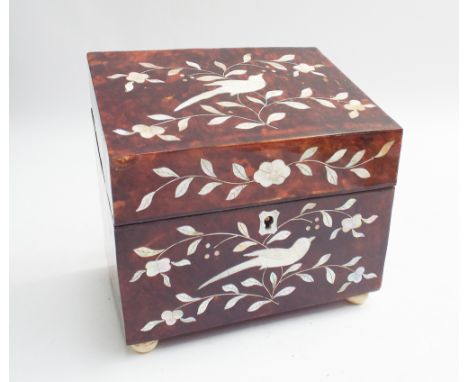 Faux tortoise shell and mother of pearl tea caddy in the Georgian style, decorated with birds, flowers and leaves, on four bu