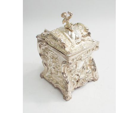 Silver plated tea caddy decorated in the Chinoiserie style, with figure finial, 14 cms high 