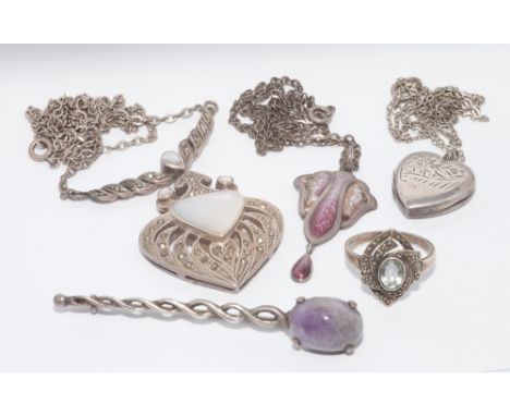 Silver marcasite and mother of pearl pendant, amethyst kilt pin, enamel pendant etc. five items in the lot 