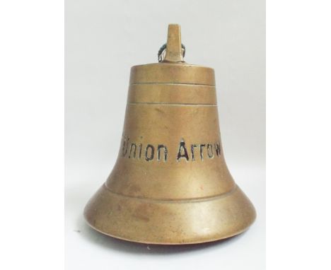 Brass ships bell for the coastal Freighter Union Arrow built in 1980 approx 12" high x 12" diameter 