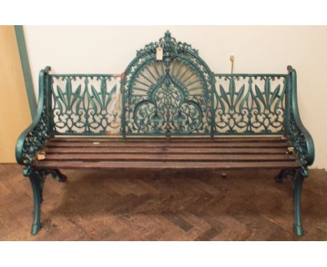 Pair of green painted cast iron Coalbrookdale style garden seats, each 5' wide   Condition - one bench needs repair to wooden