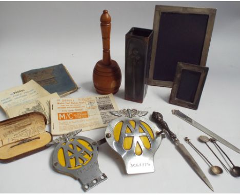 Collectables to include : two AA badges, 2 silver photograph frames, Tiffany sterling silver letter knife, pewter art nouveau