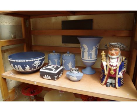 Six items of Wedgewood jasperware; together with a Wedgewood character jug.&nbsp; 