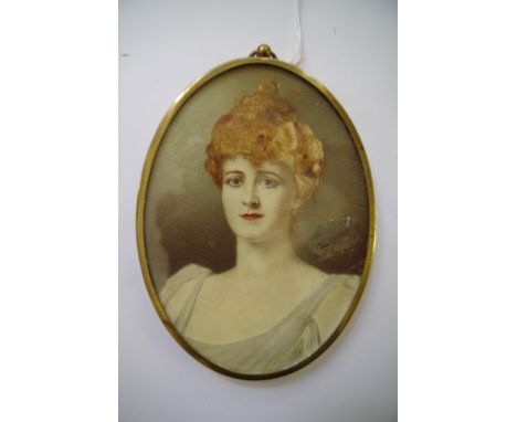 J B Alexander,&nbsp;head and shoulders portrait miniature of Lady Warwick, initialled and further labelled verso, 14 x 10.1cm