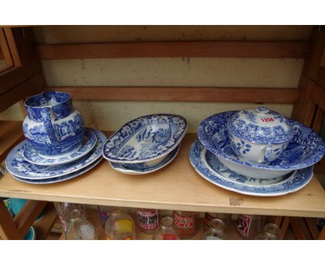 A small quantity of 19th century English blue and white pottery,&nbsp;to include examples by Spode and Pountney &amp; Goldney