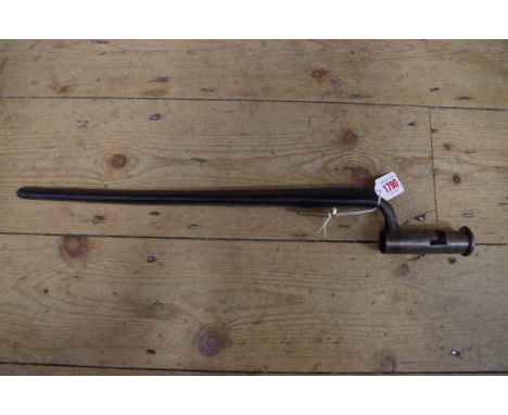 A 1970s reproduction British Land pattern socket bayonet, the triangular blade inscribed 'John Gil', with leather scabbard. 