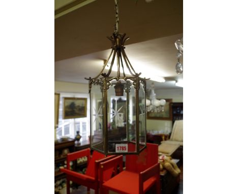 A brass and glass hexagonal hall lantern. 