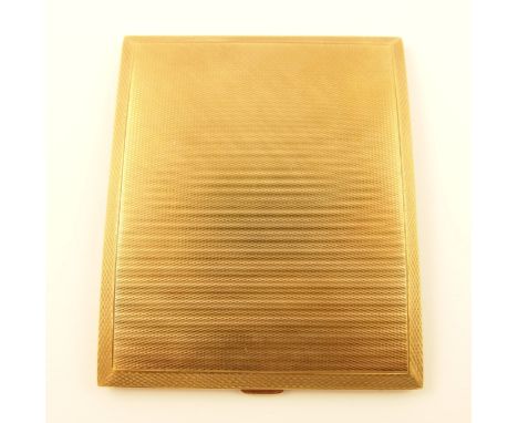 A 9ct cigarette case with all over engine turned engraving hallmarked Birmingham 1933, approx weight including strap 98.6gms.