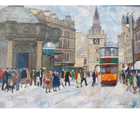 •BETTY M STIRLING (Scottish Fl. 1965) TRONGATE TRAM Oil on board, signed, 24 x 34cm (9 1/2 x 13 1/2")