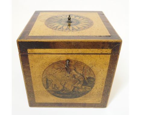 A Georgian penwork wood tea caddy the cube caddy with painted landscapes within roundels to sides, lock and key, 16cm high Pr