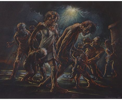 •PETER HOWSON OBE (Scottish b. 1958) PERELANDRA AFTER THE COMING OF THE UNMAN Crayon and gouache, signed and dated (20)08, 28